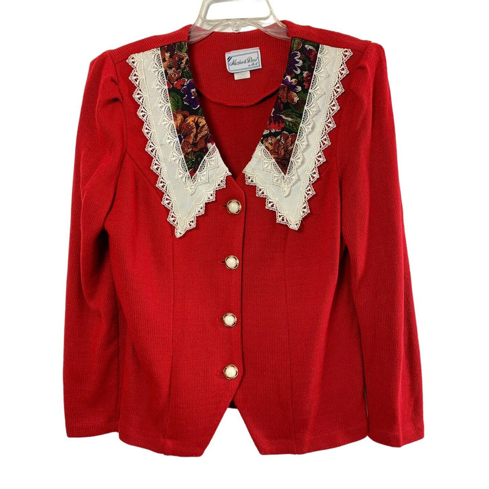 Vtg 90's Matthew & David Sweater Womens Sz 16 Red Collared‎ Grandma Cottagecore